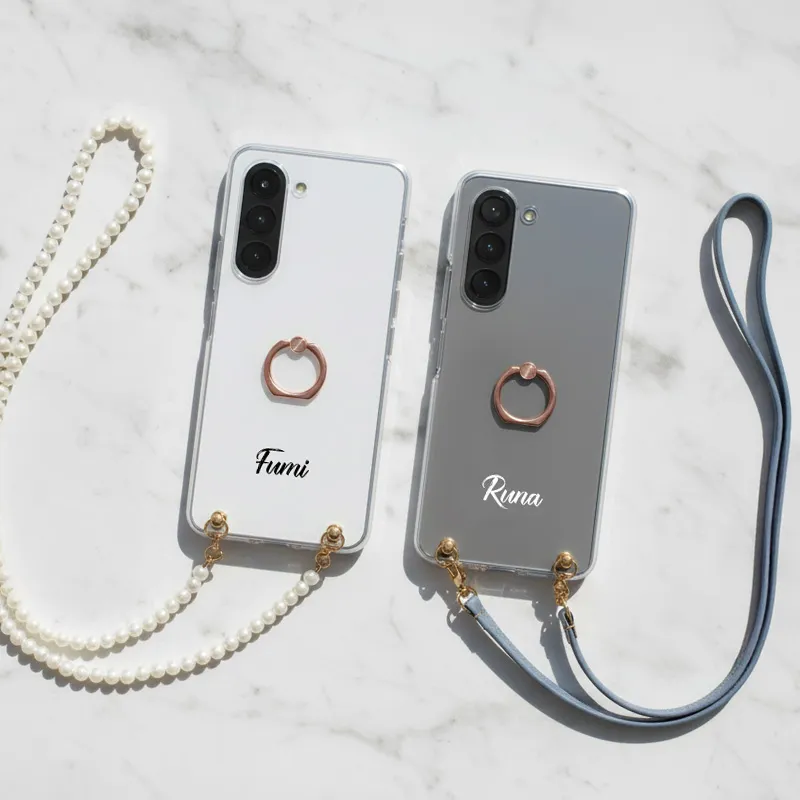 スマホケース ハード 全機種対応【クリアケース×名入れ印刷×スマホリング×選べるロングストラップ】スマホショルダー