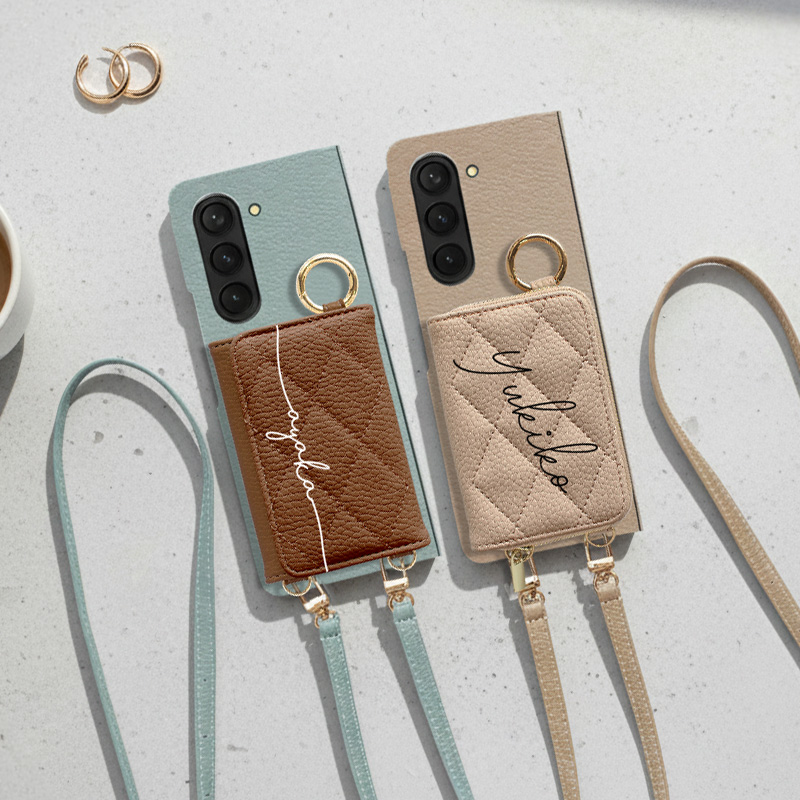 スマホケース ハード 全機種対応【レザーorキルティング×カード入れor小銭入れ ミラー ロングストラップ付き×名入れ印刷】スマホショルダー