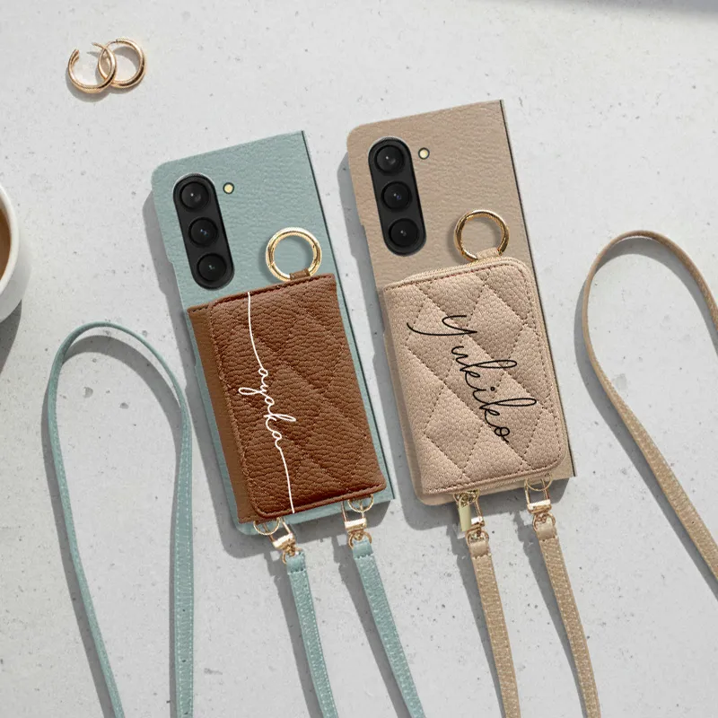 スマホケース ハード 全機種対応【レザーorキルティング×カード入れor小銭入れ ミラー ロングストラップ付き×名入れ印刷】スマホショルダー