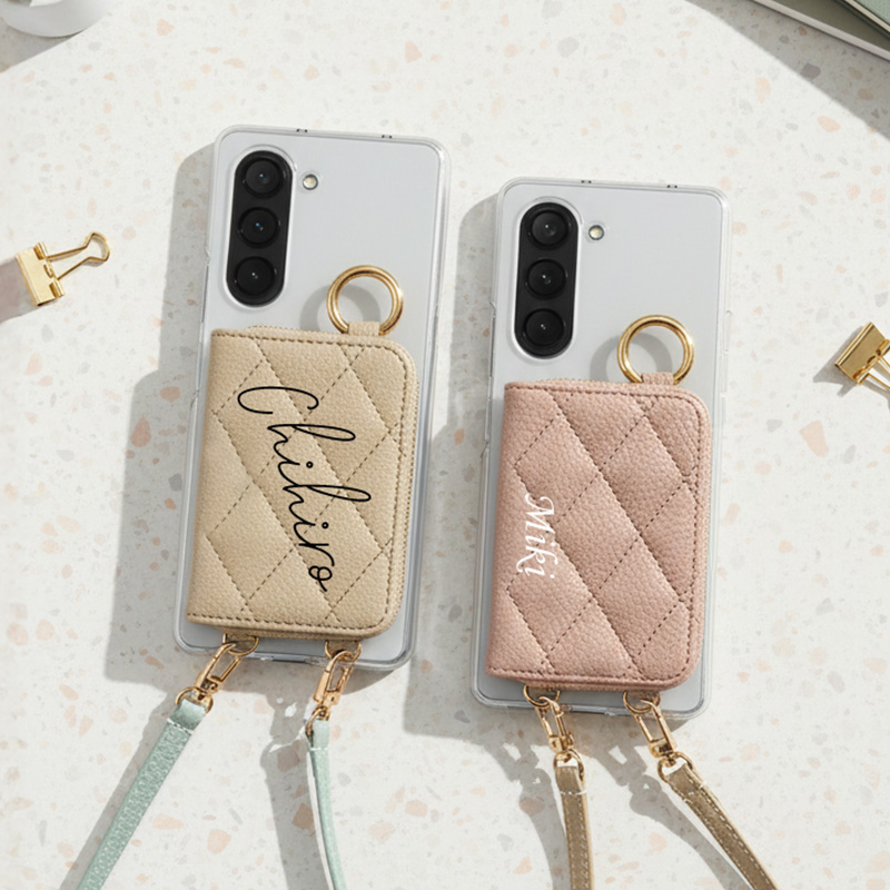スマホケース ハード 全機種対応【クリアケース×レザーorキルティング 新旧カード入れor小銭入れ ロングストラップ×名入れ印刷】スマホショルダー