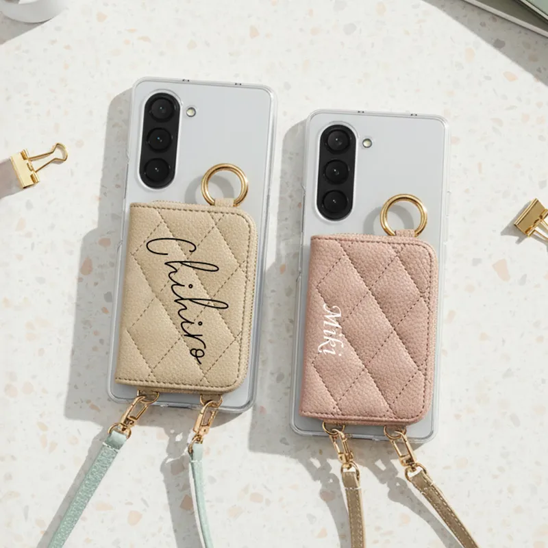 スマホケース ハード 全機種対応【クリアケース×レザーorキルティング 新旧カード入れor小銭入れ ロングストラップ×名入れ印刷】スマホショルダー