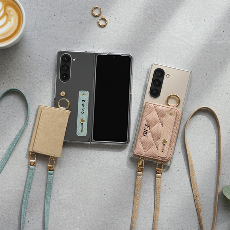 クリアケース×ベルト×レザーorキルティング 新旧カード入れor小銭入れ ロングストラップ×名入れ印刷