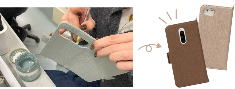 スマホケースのカメラ穴に専用の筆で接着剤を塗り、レザーの剥がれを防ぎ滑らかに仕上げる工程