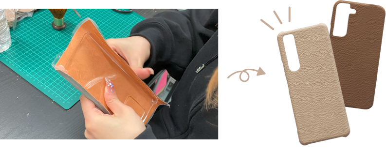 作り手が手作業でスマホケースの形に合わせ、角までシワなく丁寧にレザーを貼り合わせる様子