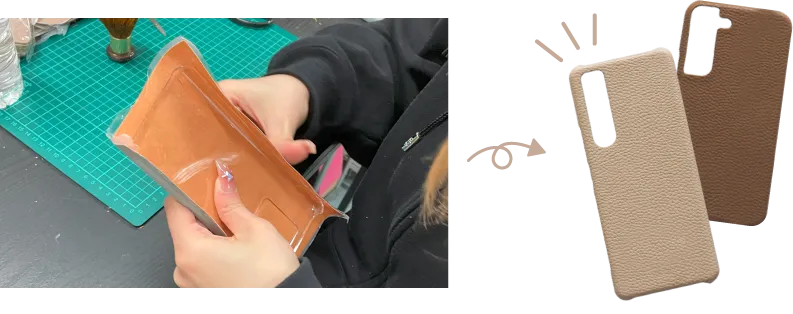 作り手が手作業でスマホケースの形に合わせ、角までシワなく丁寧にレザーを貼り合わせる様子