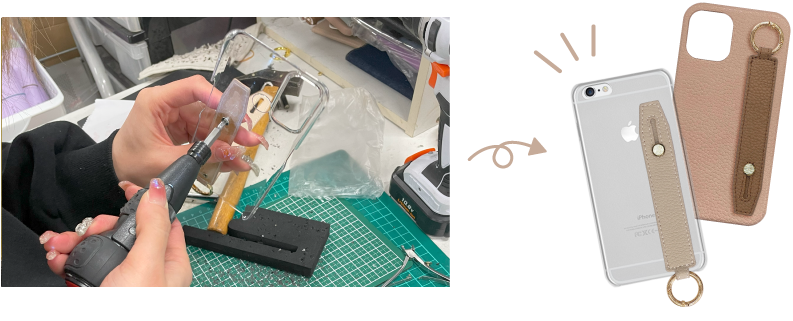 落下の不安を減らす丈夫なレザーベルトを、スマホケース背面にネジでしっかりと固定する作業