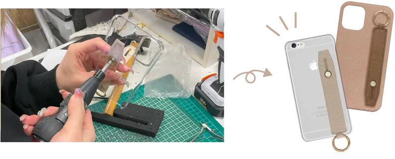 落下の不安を減らす丈夫なレザーベルトを、スマホケース背面にネジでしっかりと固定する作業