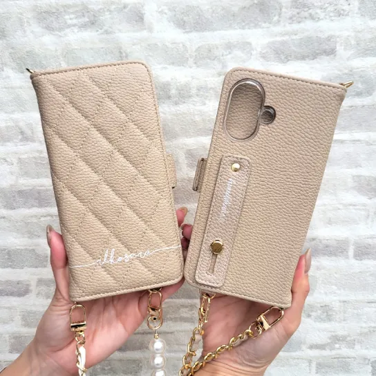 スマホケース 手帳型 全機種対応【くすみレザーorキルティング手帳ケース×名入れ印刷×ロングストラップ】スマホショルダー
