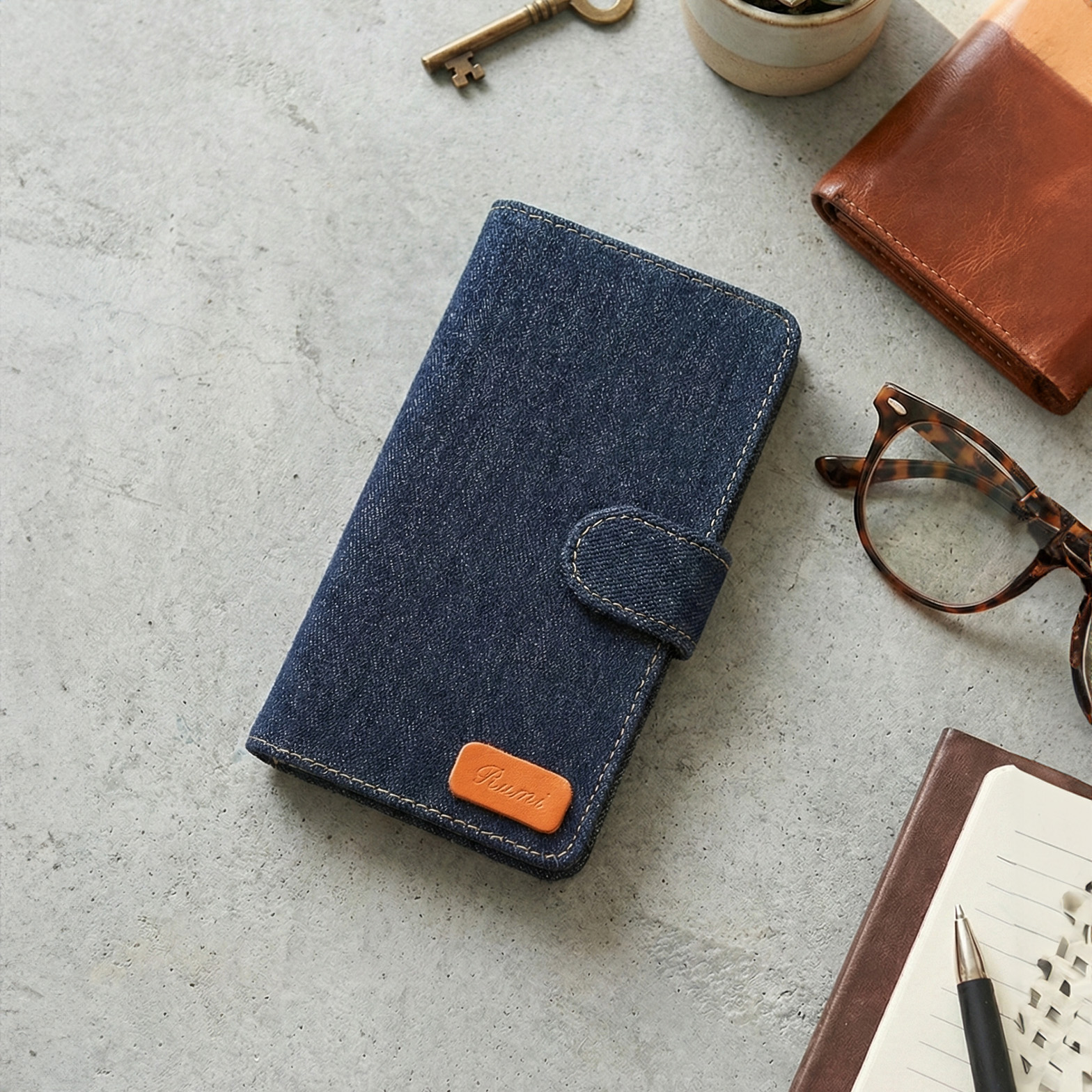 スマホケース 手帳型 全機種対応【デニム×型押し名入れ】