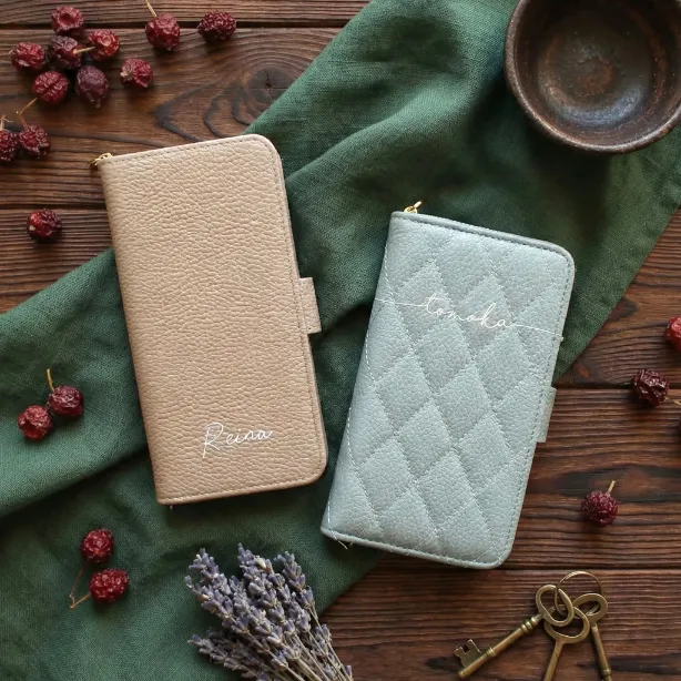 スマホケース 手帳型 全機種対応【くすみレザーorキルティング手帳ケース×名入れ印刷】名入れ無料