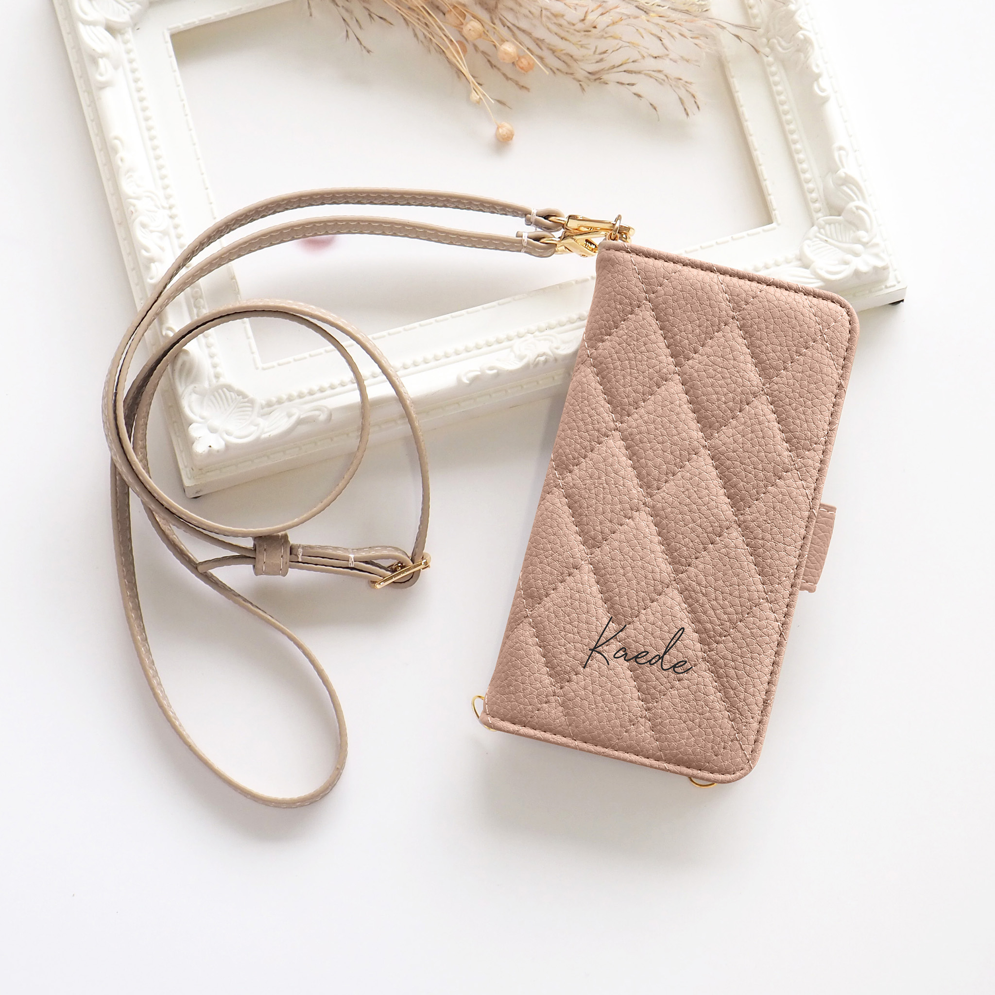 スマホケース 手帳型 全機種対応【くすみレザーorキルティング手帳ケース×名入れ印刷×ショートorロングストラップ】スマホショルダー 名入れ無料