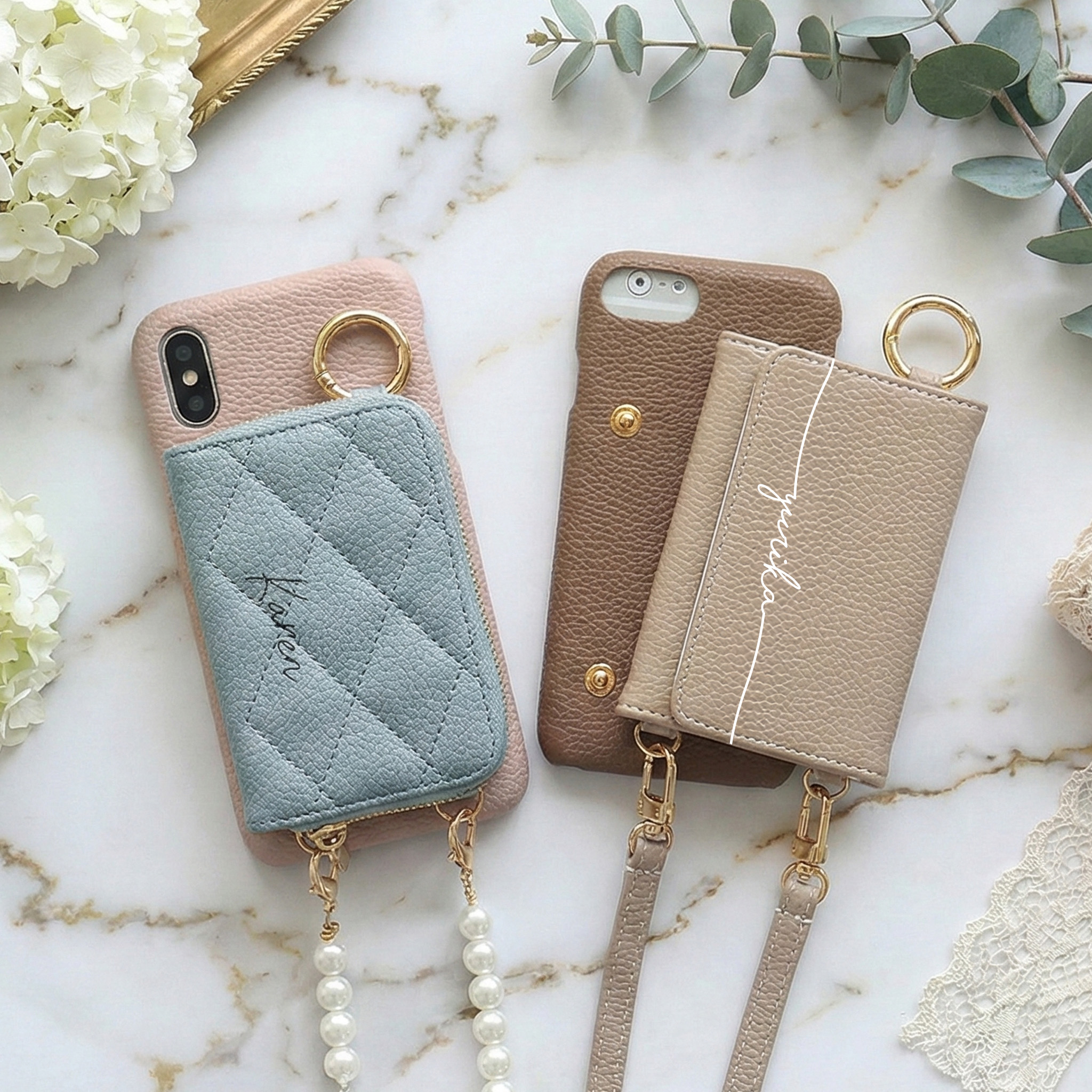 スマホケース ハード 全機種対応【レザーorキルティング×カード入れor小銭入れ ミラー ロングストラップ付き×名入れ印刷】スマホショルダー