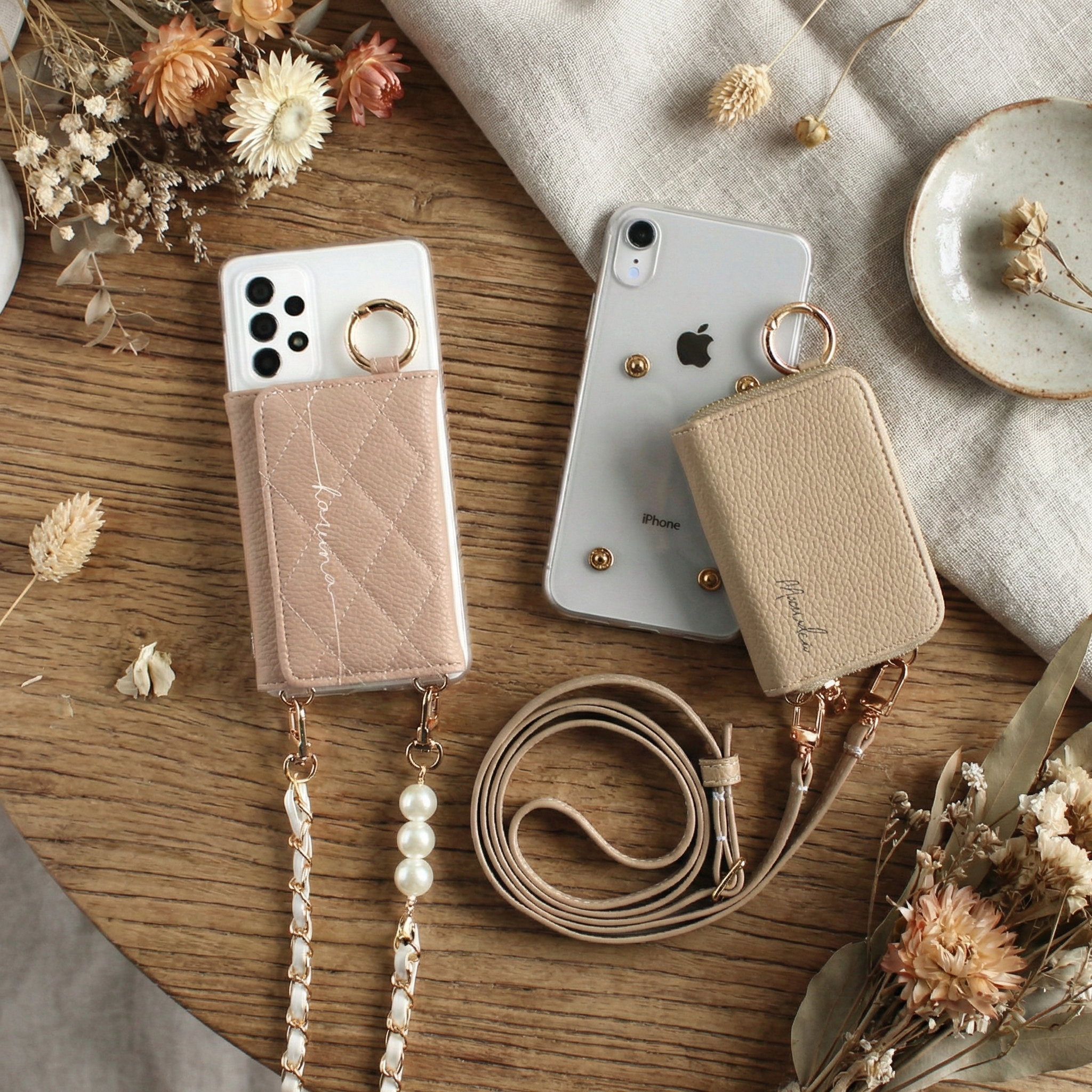 スマホケース ハード 全機種対応【クリアケース×レザーorキルティング 新旧カード入れor小銭入れ ロングストラップ×名入れ印刷】スマホショルダー