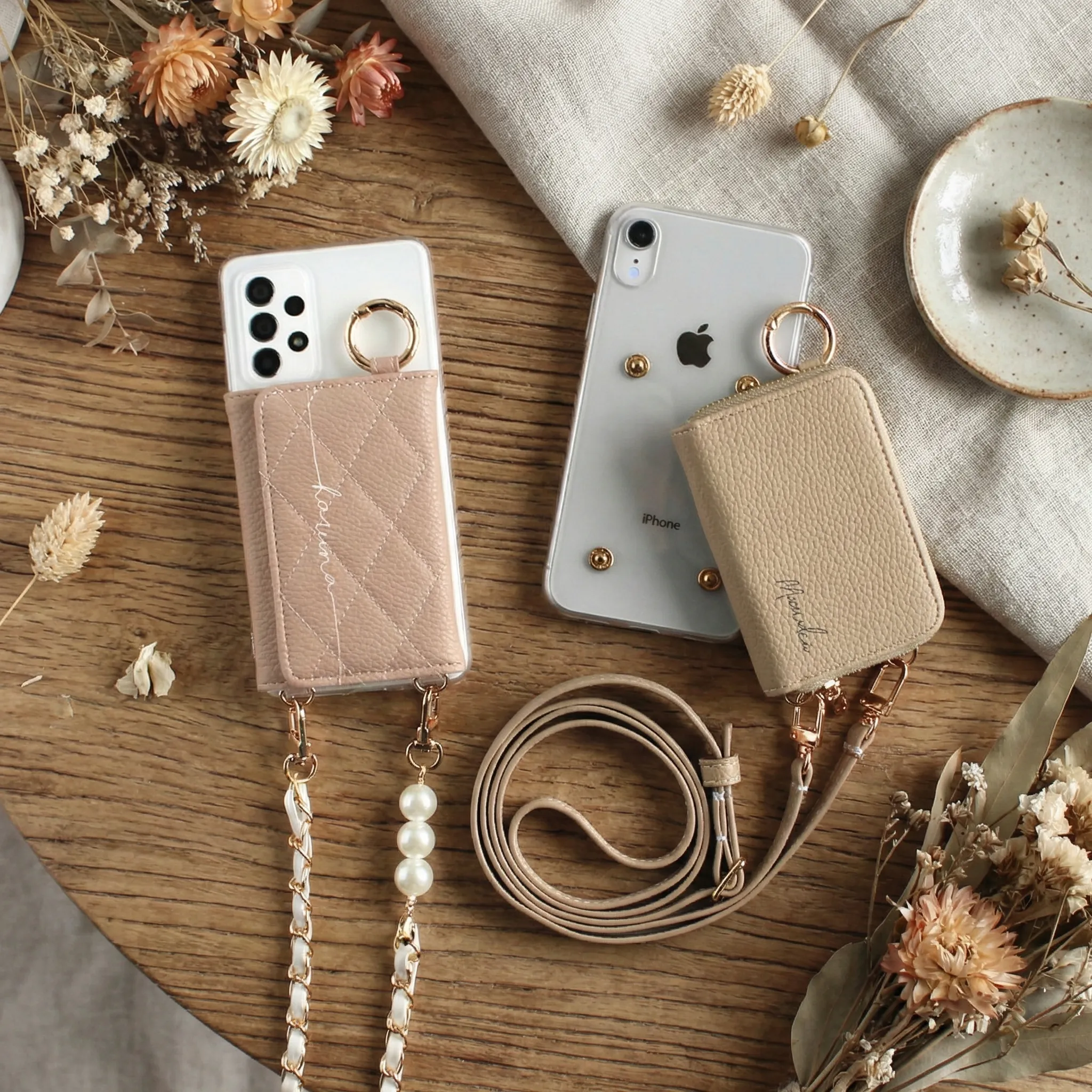 スマホケース ハード 全機種対応【クリアケース×レザーorキルティング 新旧カード入れor小銭入れ ロングストラップ×名入れ印刷】スマホショルダー