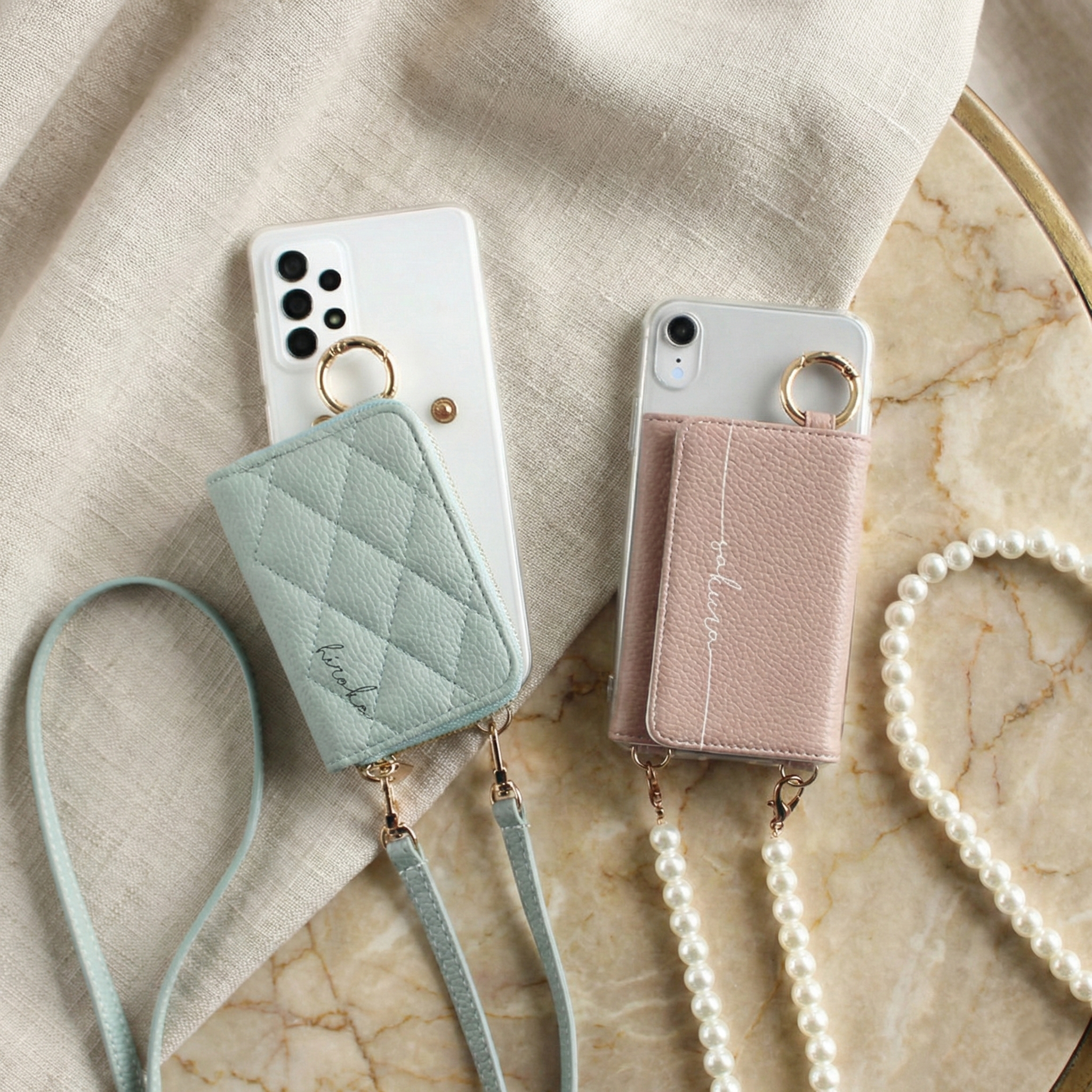 スマホケース ハード 全機種対応【クリアケース×レザーorキルティング 新旧カード入れor小銭入れ ロングストラップ×名入れ印刷】スマホショルダー