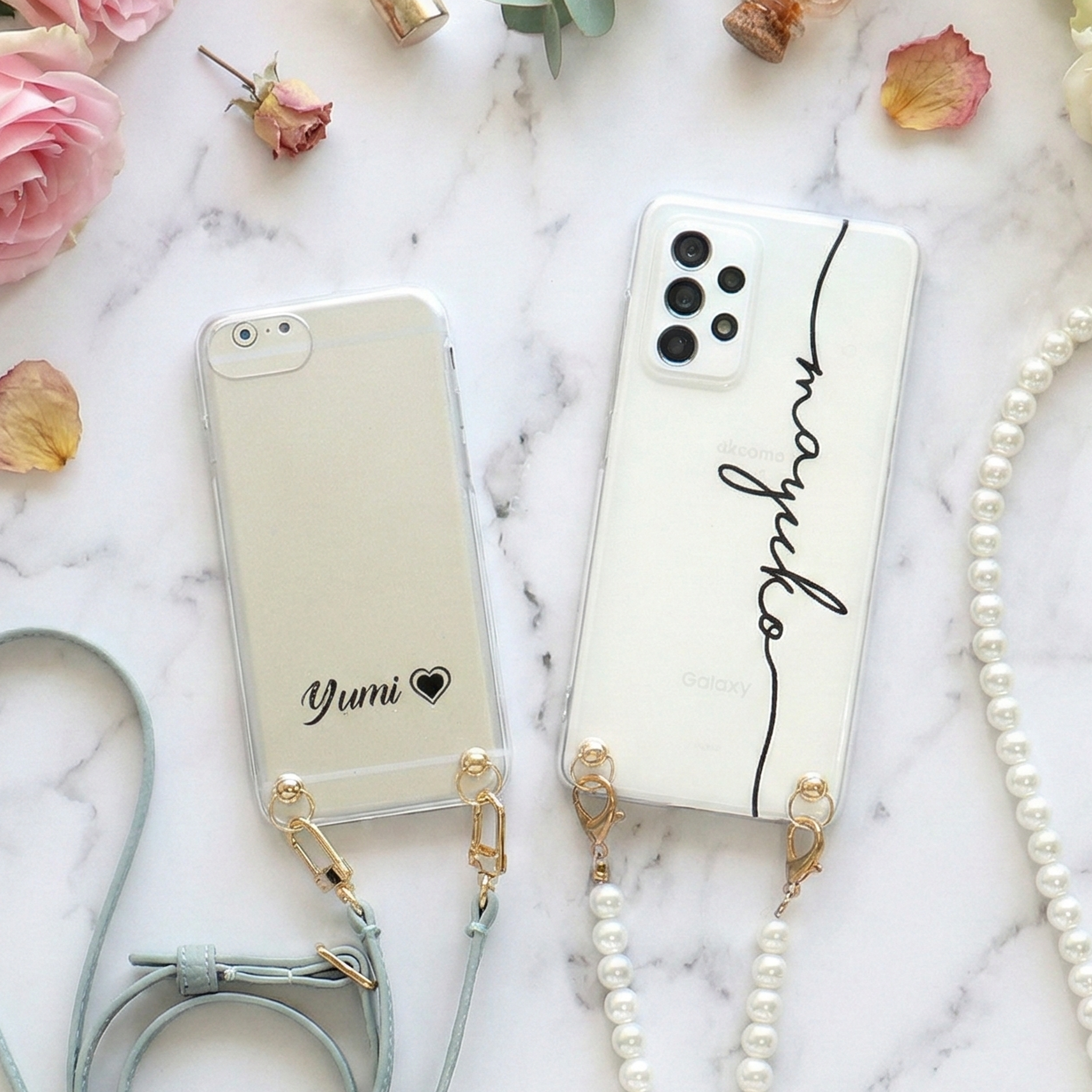 スマホケース ハード 全機種対応【クリアケース×名入れ印刷×選べるロングストラップ】スマホショルダー