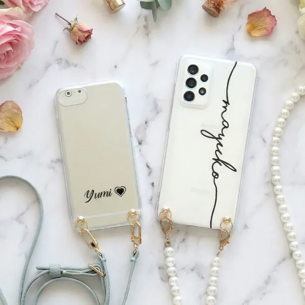 スマホケース ハード 全機種対応【クリアケース×名入れ印刷×選べるロングストラップ】スマホショルダー
