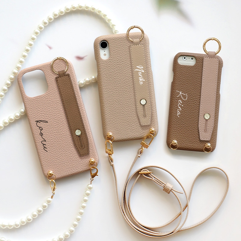 スマホケース ハード 全機種対応【レザーハードケース×名入れ印刷×レザーベルト×ロングストラップ】スマホショルダー