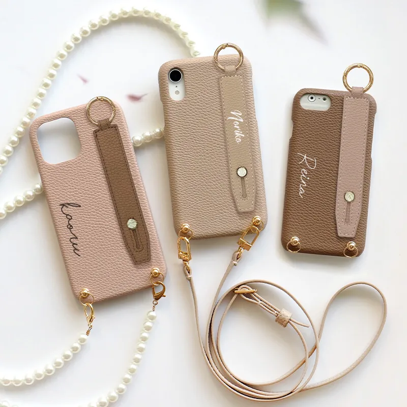 スマホケース ハード 全機種対応【レザーハードケース×名入れ印刷×レザーベルト×ロングストラップ】スマホショルダー