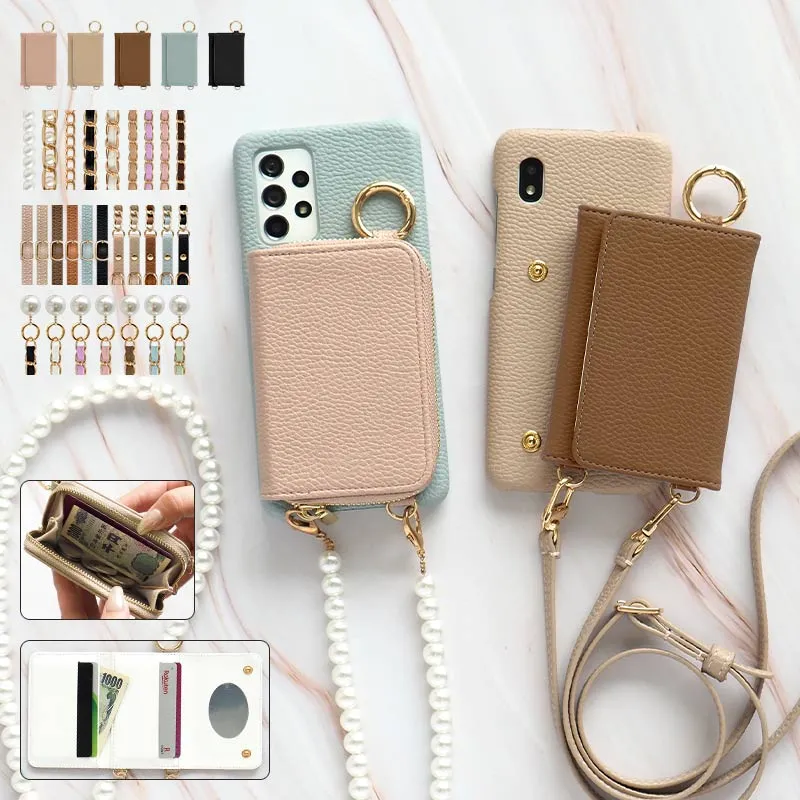 スマホケース スマホカバー Galaxy ケース【レザー×カード入れor小銭入れ ミラー ロングストラップ付】スマホショルダー