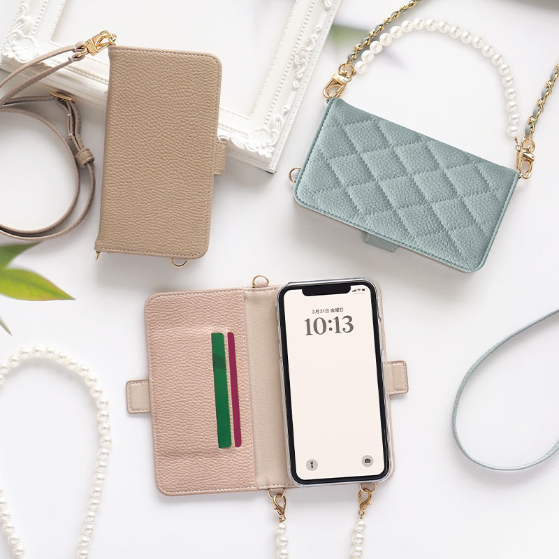 スマホケース 手帳型 全機種対応【くすみレザーorキルティング手帳ケース×ショートorロングストラップ】スマホショルダー