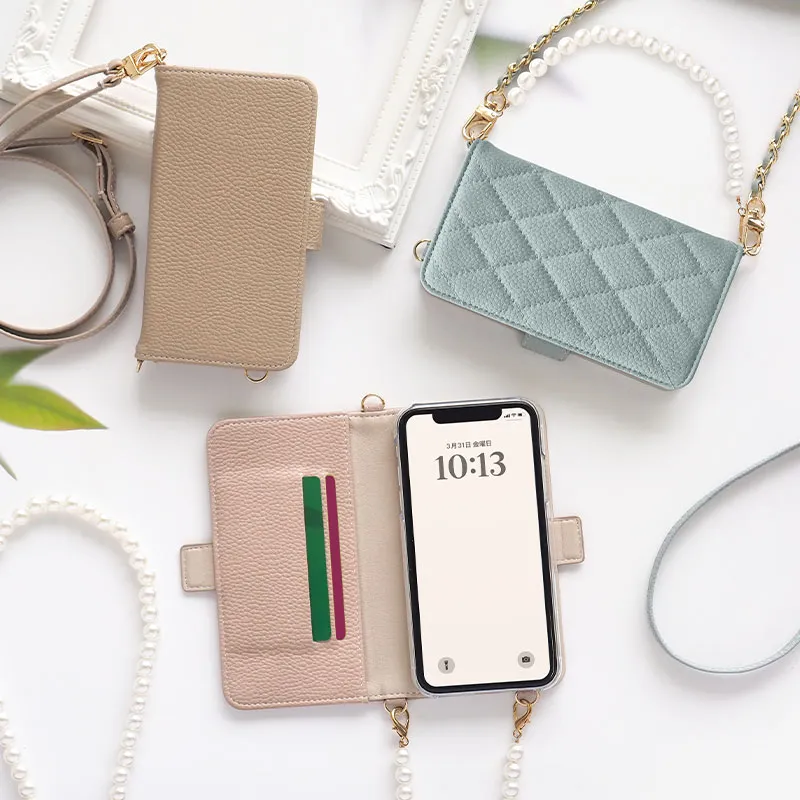 スマホケース 手帳型 全機種対応【くすみレザーorキルティング手帳ケース×ショートorロングストラップ】スマホショルダー