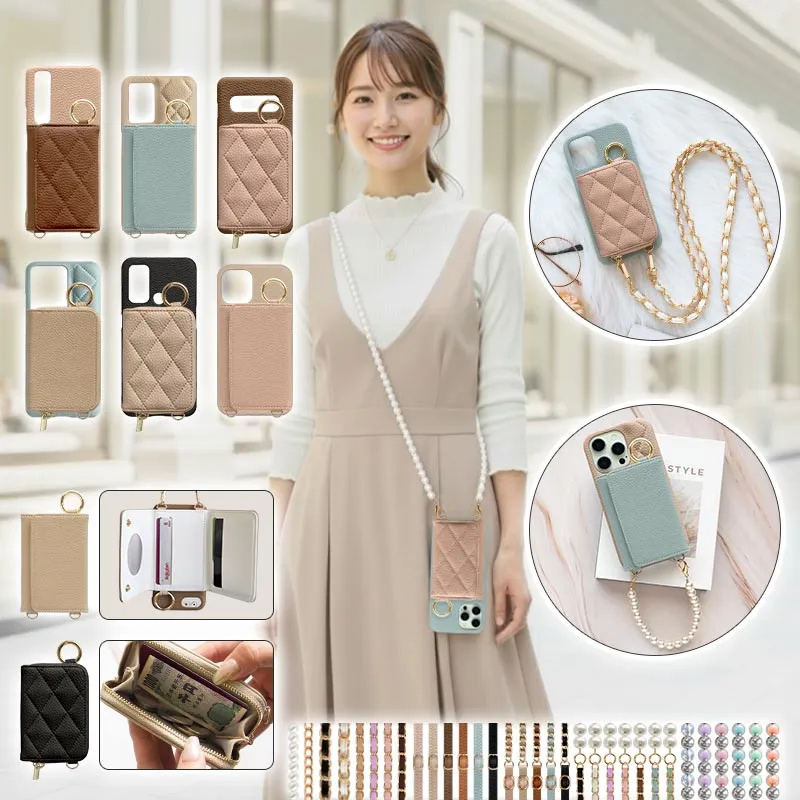 スマホケース ハード 全機種対応【レザーorキルティング×カード入れor小銭入れ×ショートorロングストラップ】スマホショルダー