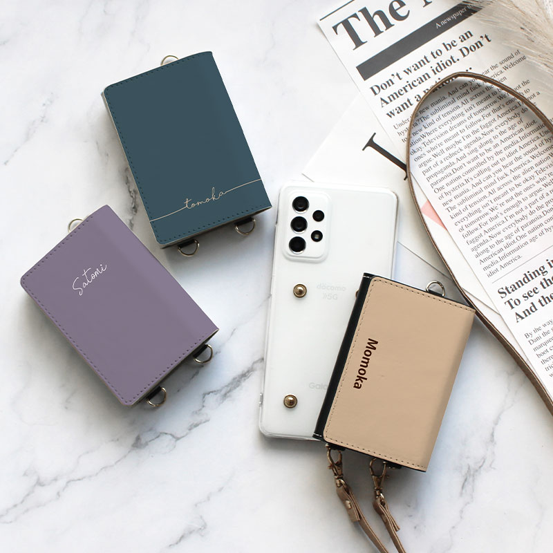 スマホケース ハード 全機種対応【クリアケース×30色カード入れ×ストラップ(レザー13色)】スマホショルダー