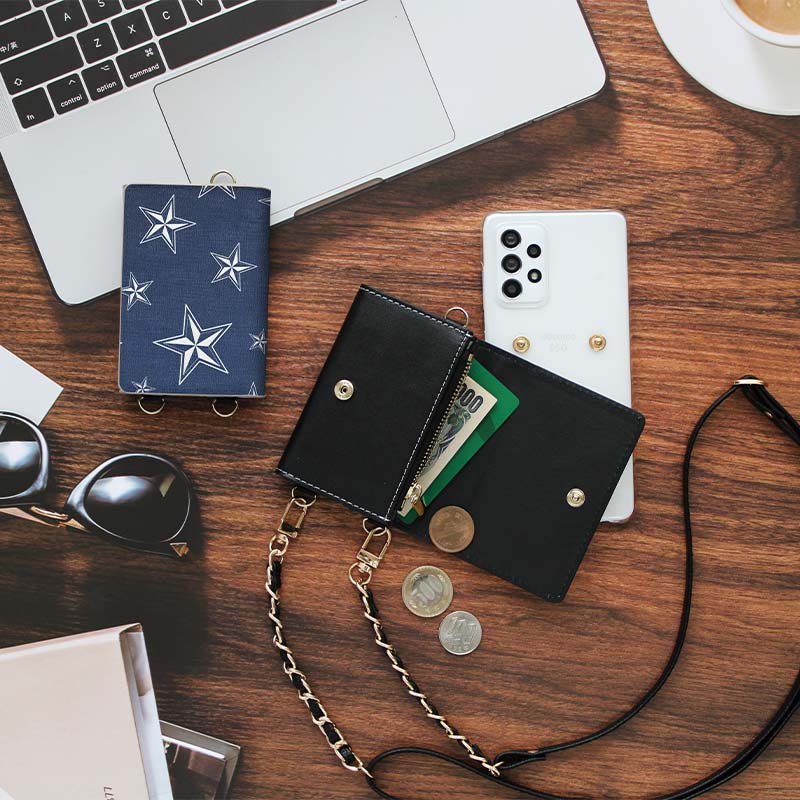 スマホケース ハード 全機種対応【クリアケース×クールデザインカード入れ×ストラップ】スマホショルダー