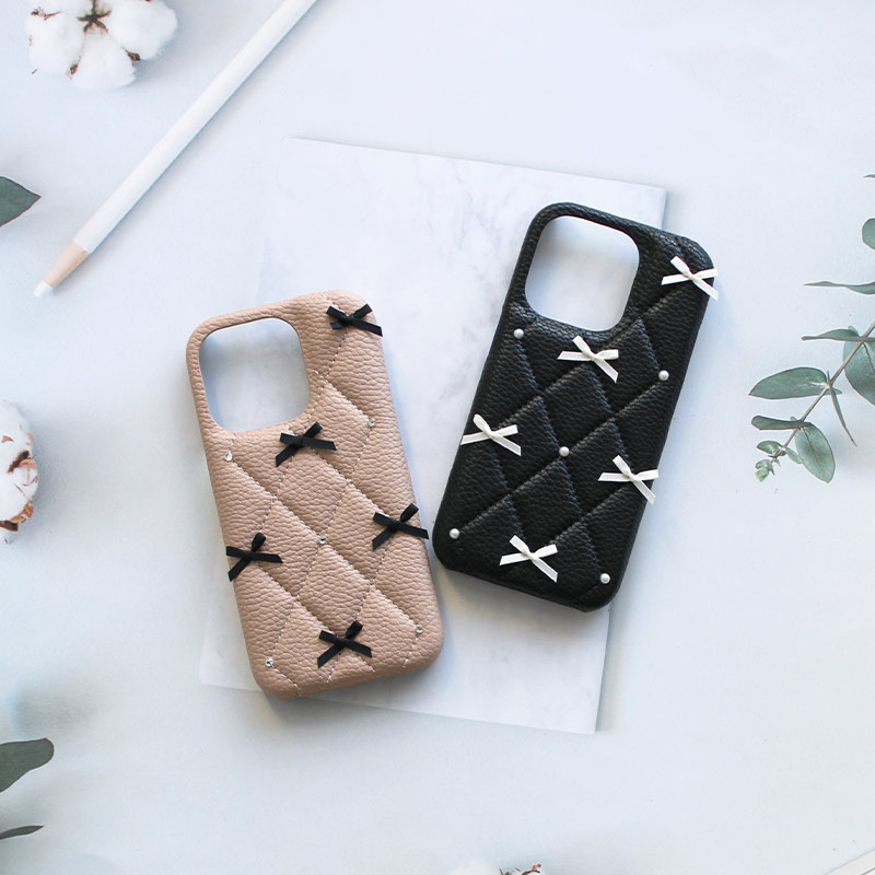 スマホケース ハード 全機種対応【レザーハードorキルティングケース×リボン】