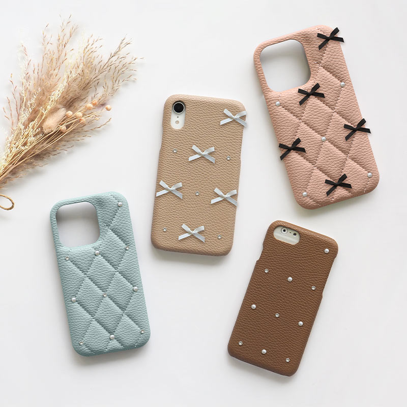 スマホケース ハード 全機種対応【レザーハードorキルティングケース×リボン】