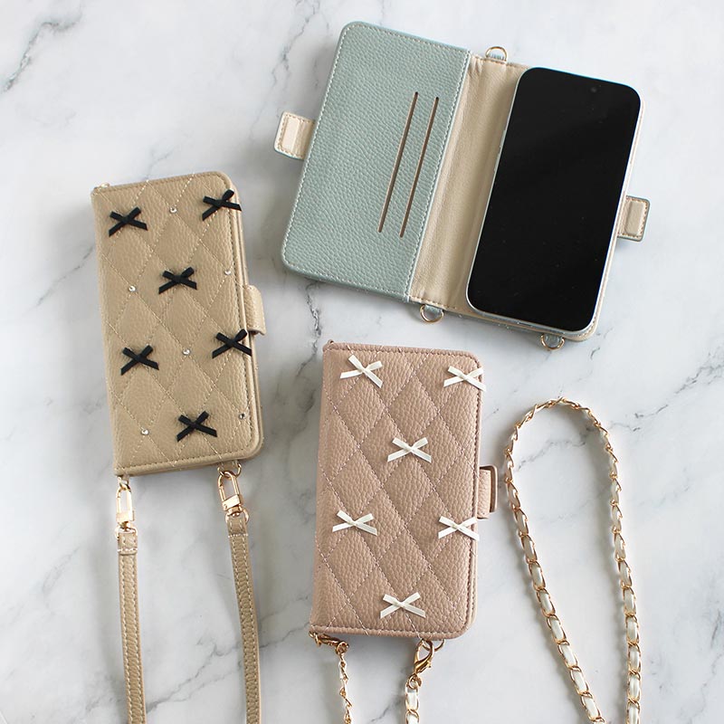 スマホケース 手帳型 全機種対応【くすみレザーorキルティング手帳ケース×リボン×ロングストラップ】スマホショルダー