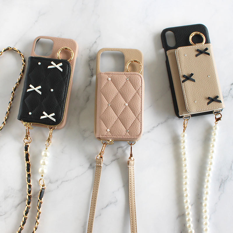 スマホケース ハード 全機種対応【レザーorキルティング×カード入れor小銭入れ×リボン×ロングストラップ】スマホショルダー