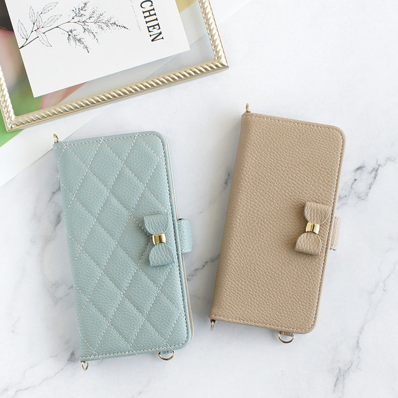 スマホケース 手帳型 全機種対応【くすみレザーorキルティング手帳ケース×立体リボン】