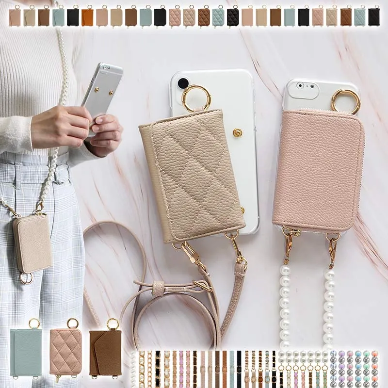 スマホケース ハード 全機種対応【クリアケース×レザーorキルティング 新旧カード入れor小銭入れ×ショートorロングストラップ】スマホショルダー