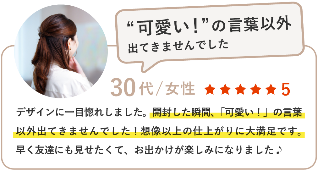 デザインに一目惚れしました。開封した瞬間、「可愛い！」の言葉以外出てきませんでした！想像以上の仕上がりに大満足です。早く友達にも見せたくて、お出かけが楽しみになりました♪